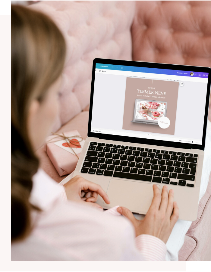 Nő háttal a Canvát használja laptopon