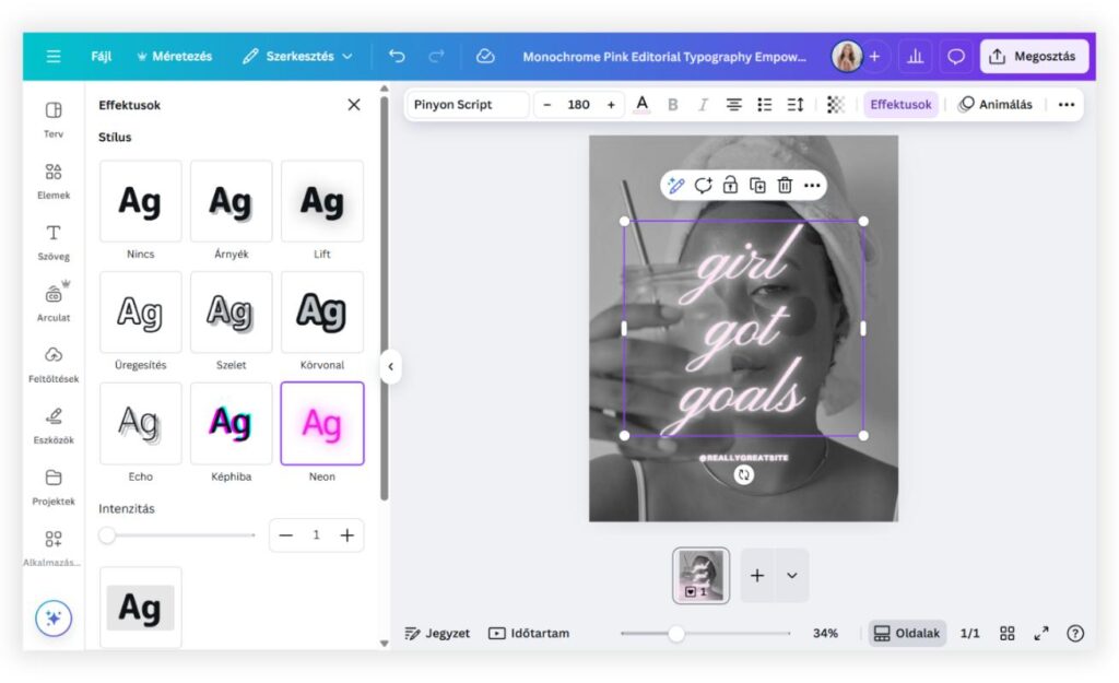 Canva szöveg effektus alkalmazása tervezés közben