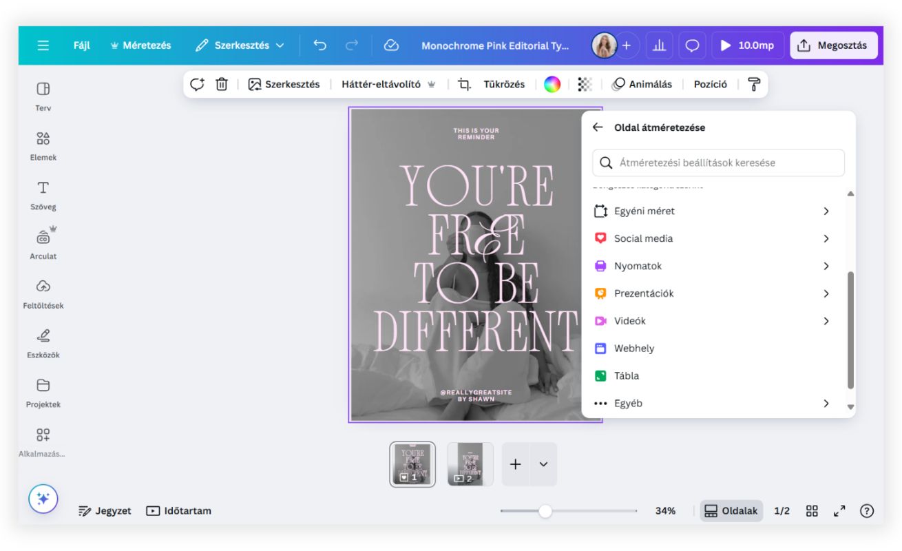 Canva terv átméretezése egyetlen kattintással